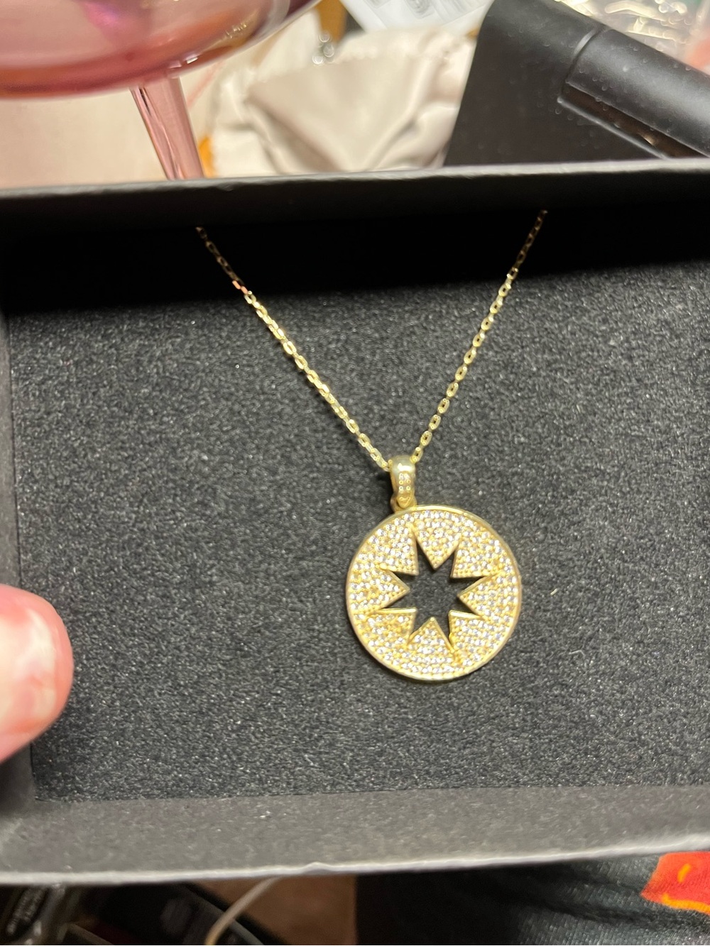 Sterling Silver coated in Gold Starburst Pavé Circle Pendant Necklace NWOT